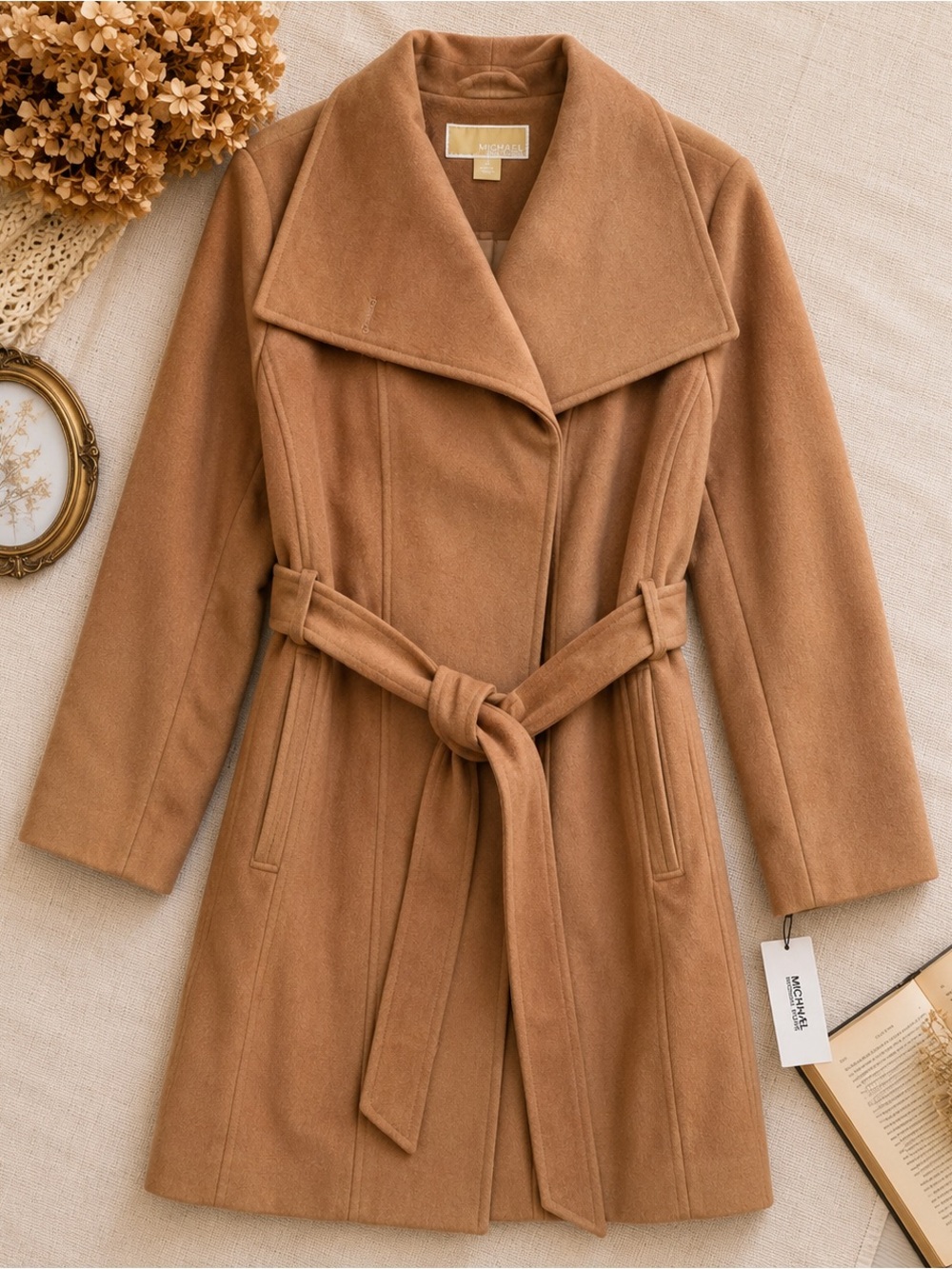 Michael Kors NWT Camel Belted Wrap Coat XL Shawl Collar Long Coat